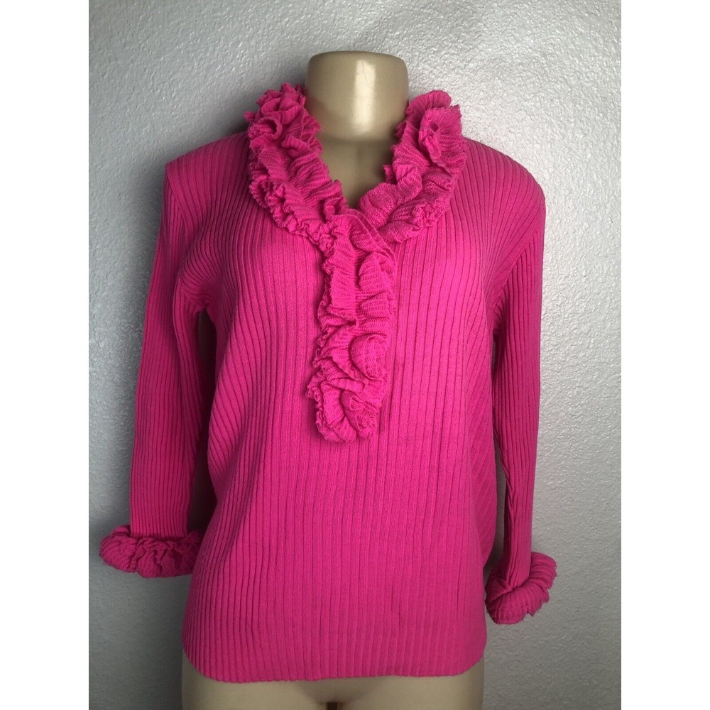 Vintage 60s 70s Hot Pink Sweater Women's Sz L Ruffles Penthouse Gallery of NY